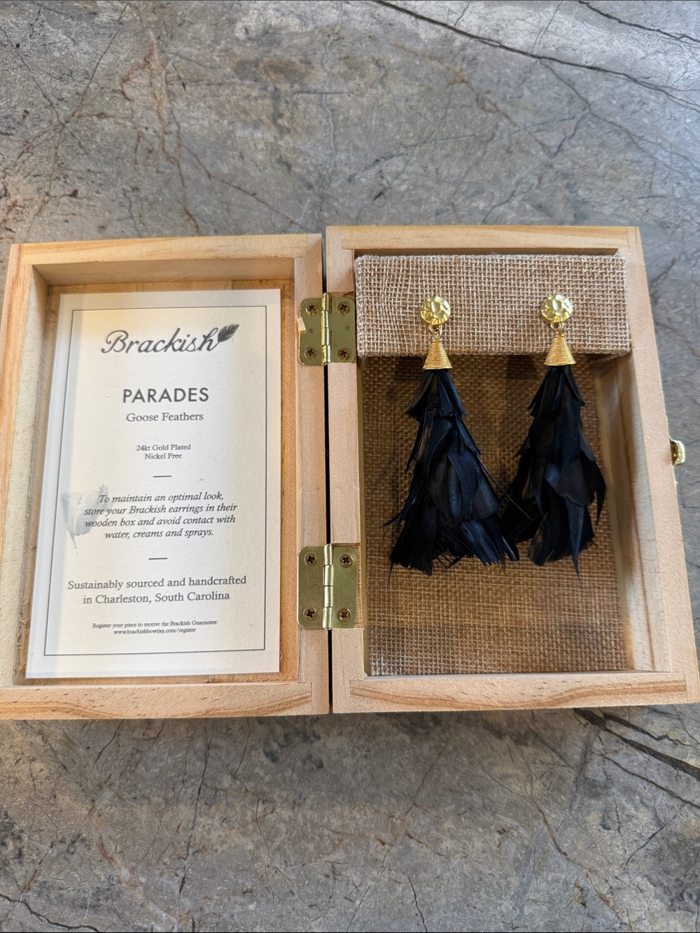 Black Feather Drop Earrings - Gold Accent